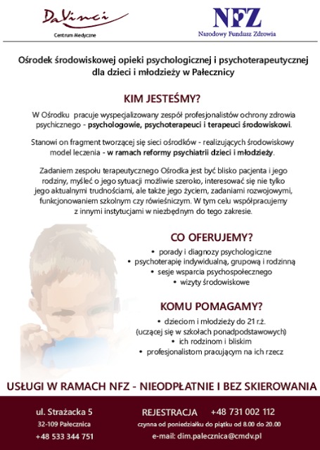 Oferta Ośrodka środowiskowej opieki psychologicznej i psychoterapeutycznej dla dzieci i młodzieży w  Pałecznicy - Obrazek 1